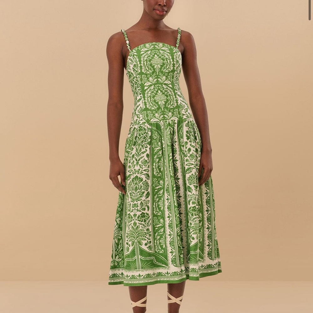 FARM RIO GREEN DELICATE TAPESTRY EUROFLAX PREMIUM LINEN MIDI DRESS